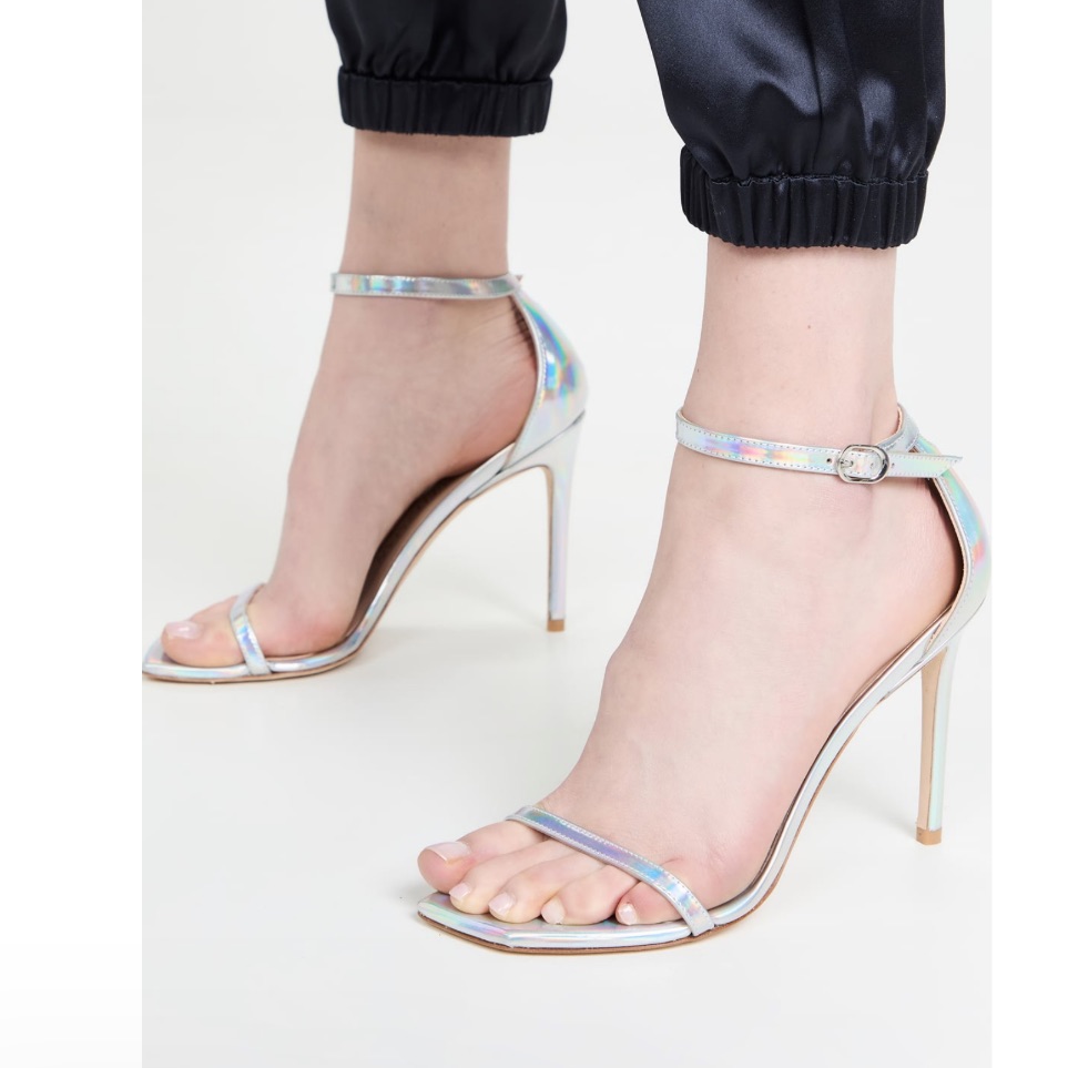 Stuart Weitzman Nudistcurve Iridescent Silver Patent Leather Ankle Strap 7 New